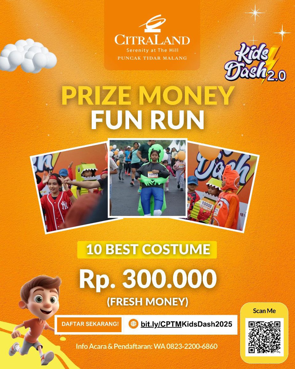 SLOT TERBATAS! Yuk Moms, pastikan untuk mendaftarkan anak Anda ya!

Link Pendaftaran: bit.ly/CPTMKidsDash20…
More Info: 0823-2200-6860 (Admin)

#ciputragrup #CitraLand #CitraLandPuncakTidar #malang #eventmalang #KidsDash2025