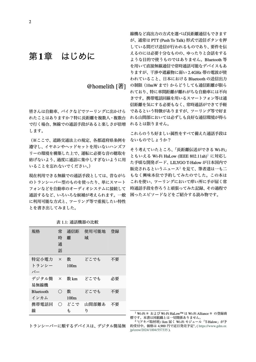 調布技研のメンバー (<a href="/homelith/">homelith</a>) のおかげで新刊出ます！
「Wi-Fi HaLowをつまみ食いする本」です。
Wi-Fi HaLowを使ったアプリケーションを作り、距離という観点で実際の使い勝手を紹介します。

#調布技研 #C106 東6ケ61b