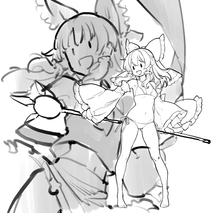 水着っぽい霊夢のバックにカットイン霊夢も描こうとして顔の描きこみはとりあえず後回しで思わずビイイイイイイイイイイイイイムジャベリン🤩 