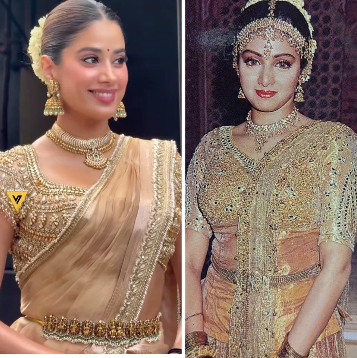 SrideviKapoor's tweet photo. The stylist edit: Janhvi Kapoor, 28, during Param Sundari promotions. 
Sridevi,  30, during the making of Chaand kaa Tukdaa (1994). 

#Sridevi 
#JanhviKapoor  
#Goldengals https://t.co/zzjj6rclLu