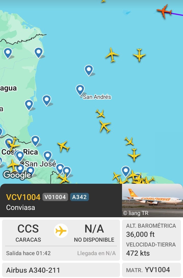 cloudkiss992's tweet photo. 3 grandes aviones en movimiento
- Presidencial YV1004 destino Nicaragua
- El YV3545 va rumbo a Moscú, en Mayo llevo a Maduro a Rusia
- El YV3554 es otro de los grandes aviones pertenecientes a la flota del régimen, destino Cancún
El único sin destino es el YV1004
Difundan!! https://t.co/JAuYOm4JnZ