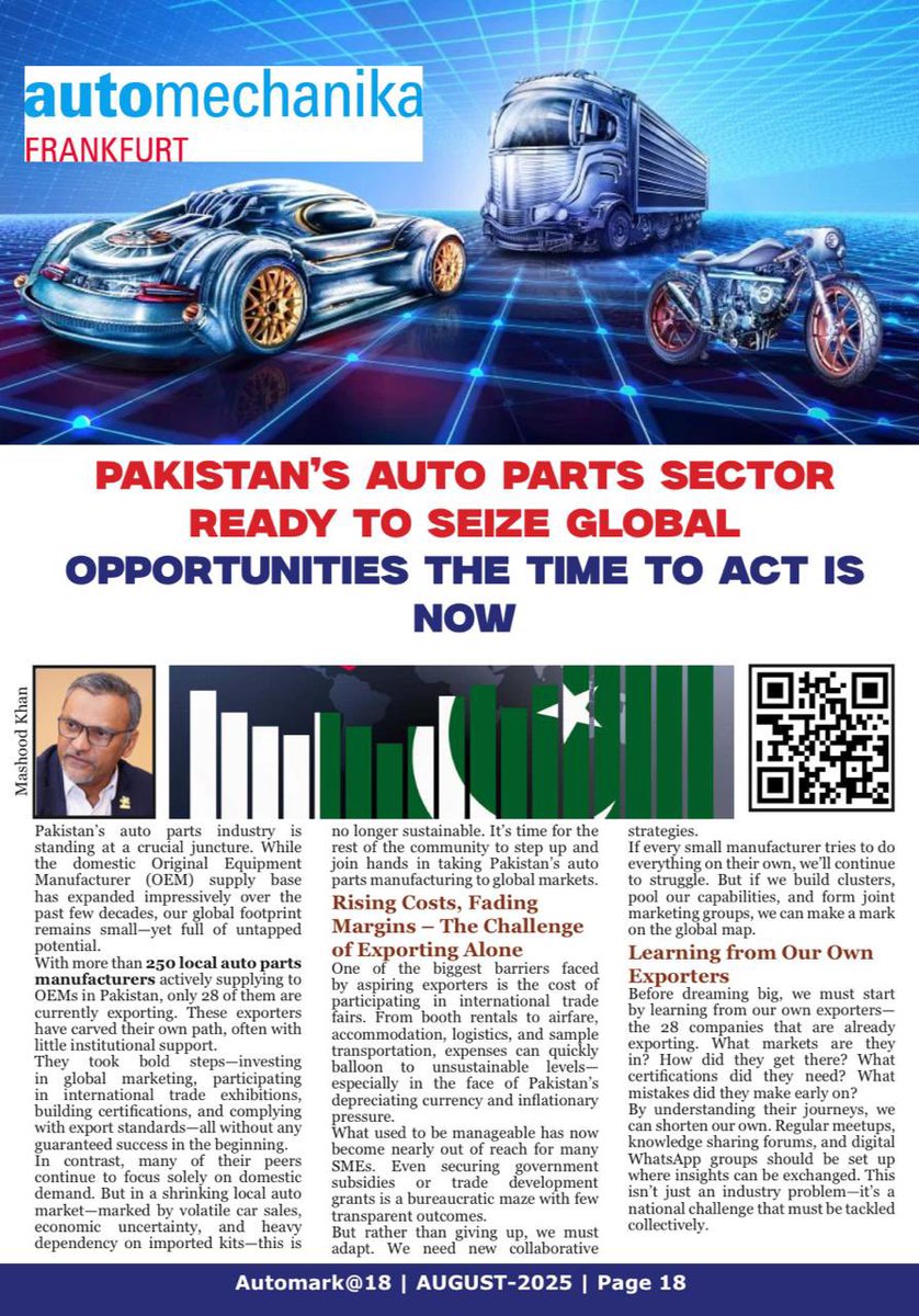 Mashoodkhn's tweet photo. My article's published in Automark magazineAbout opportunities for auto parts manufacturers at Automechanika Frankfurt &amp; AAPEX USA. Networking &amp; growth potential.
#Automotive #AutoParts https://t.co/Vbq0pSem93