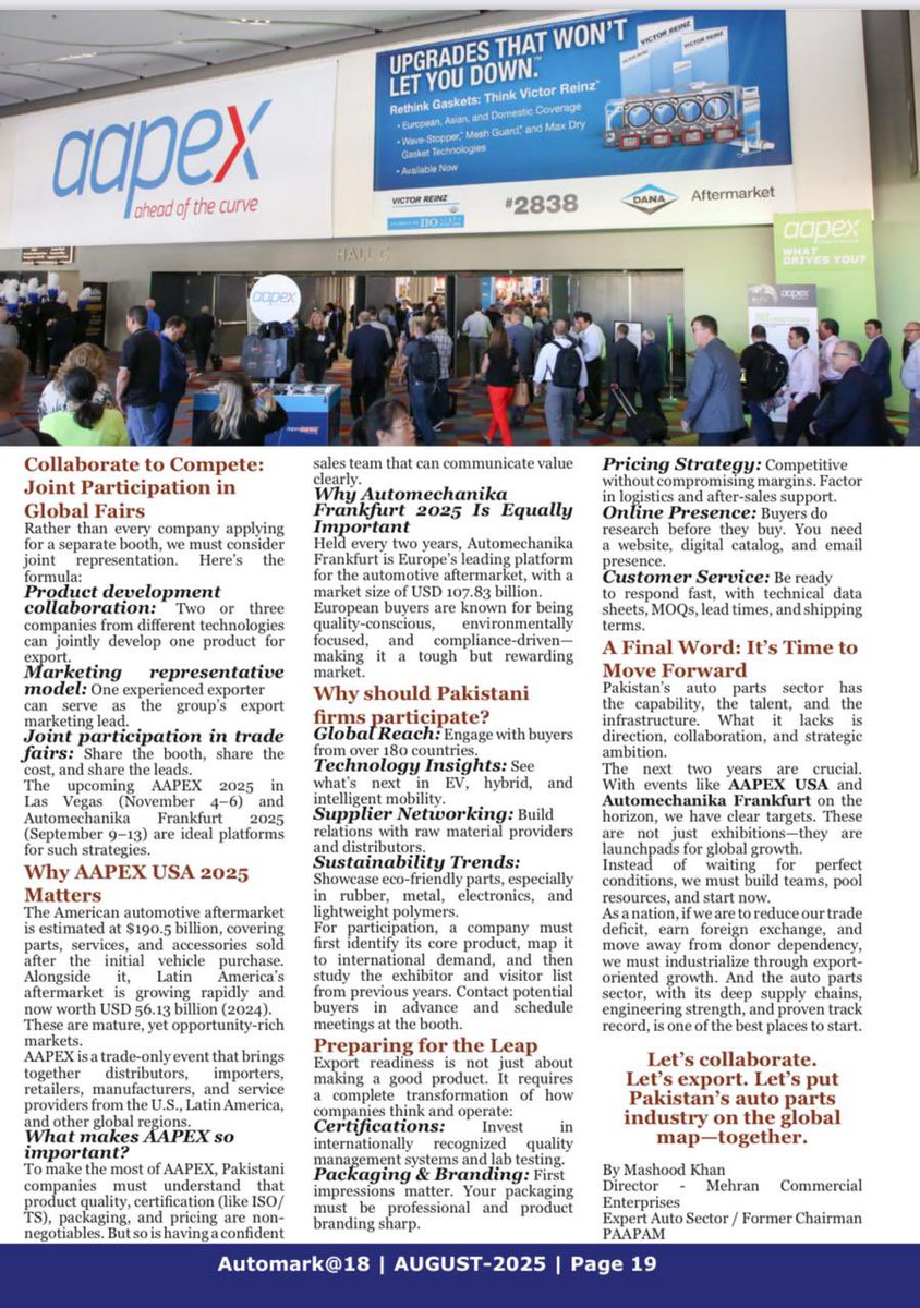 Mashoodkhn's tweet photo. My article's published in Automark magazineAbout opportunities for auto parts manufacturers at Automechanika Frankfurt &amp; AAPEX USA. Networking &amp; growth potential.
#Automotive #AutoParts https://t.co/Vbq0pSem93