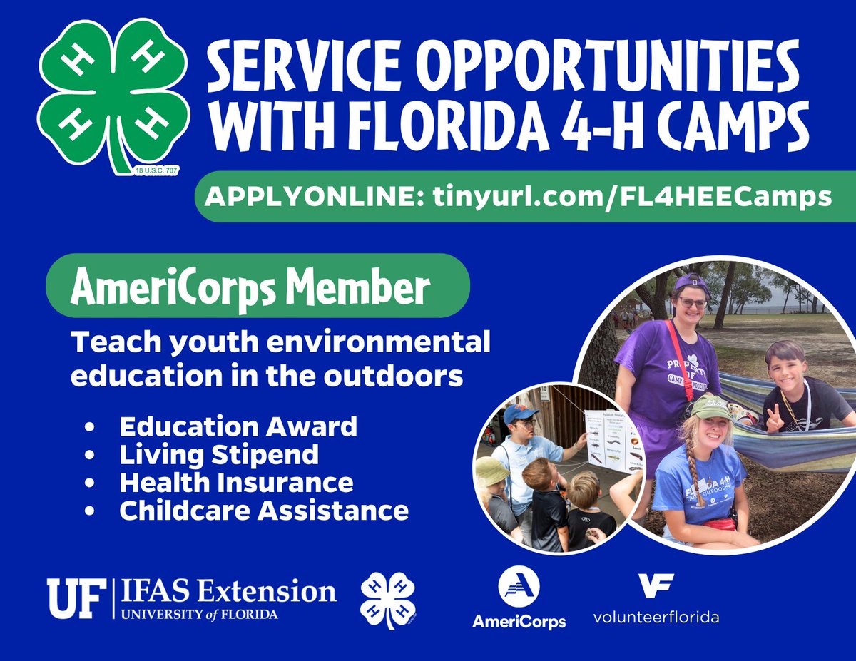 🍀 We're hiring! #FL4HCamps is looking for AmeriCorps Environmental Educators to lead nature-based programs for K–12 youth across Florida.

Love the outdoors? Want to make a difference? 🌿

👉 Apply now: tinyurl.com/FL4HEECamps