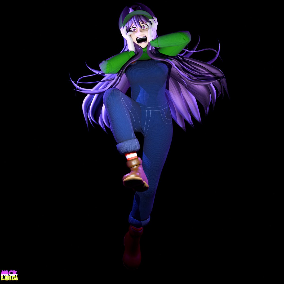Yuri but shes dressed up as another lanky weirdo. I'll be honest the main reason I made her casual outfit was to get to this point lol. I made a couple renders for her but later I'm gonna make a more detailed Luigi's Mansion render. 

#ddlc #DDLCfanart #ddlcyuri #blender #luigi