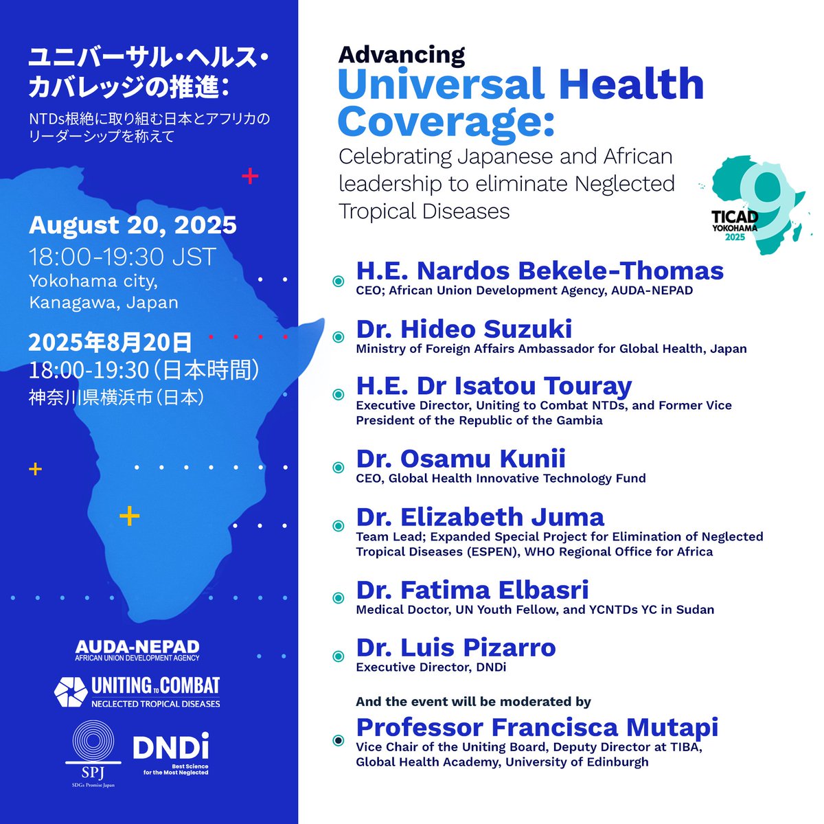Neglected tropical diseases (#NTDs) fuel poverty and hold communities back. At #TICAD9 we will spotlight the solutions, and the partnerships, that will help us win in the fight to #BeatNTDs. Join us <a href="/SDGsP_Japan/">SDGs・プロミス・ジャパン (SPJ)</a>, <a href="/DNDi/">Drugs for Neglected Diseases initiative</a> &amp; <a href="/NEPAD_Agency/">AUDA-NEPAD</a> on 20 August.