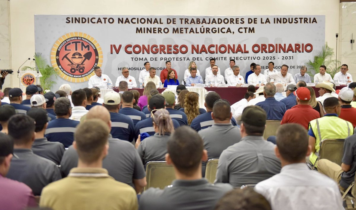 Presente en IV Congreso Nacional Ordinario de la <a href="/ctmsonora/">CTM SONORA</a>, donde se toma de protesta al  nuevo Comité Ejecutivo del periodo 2025-2031.  Lidereado por el <a href="/JavierCTMSonora/">Javier Villarreal G.</a> Secretario General del Sindicato Nacional de Trabajadores de la Industria Minera Metalúrgica, CTM Sonora.