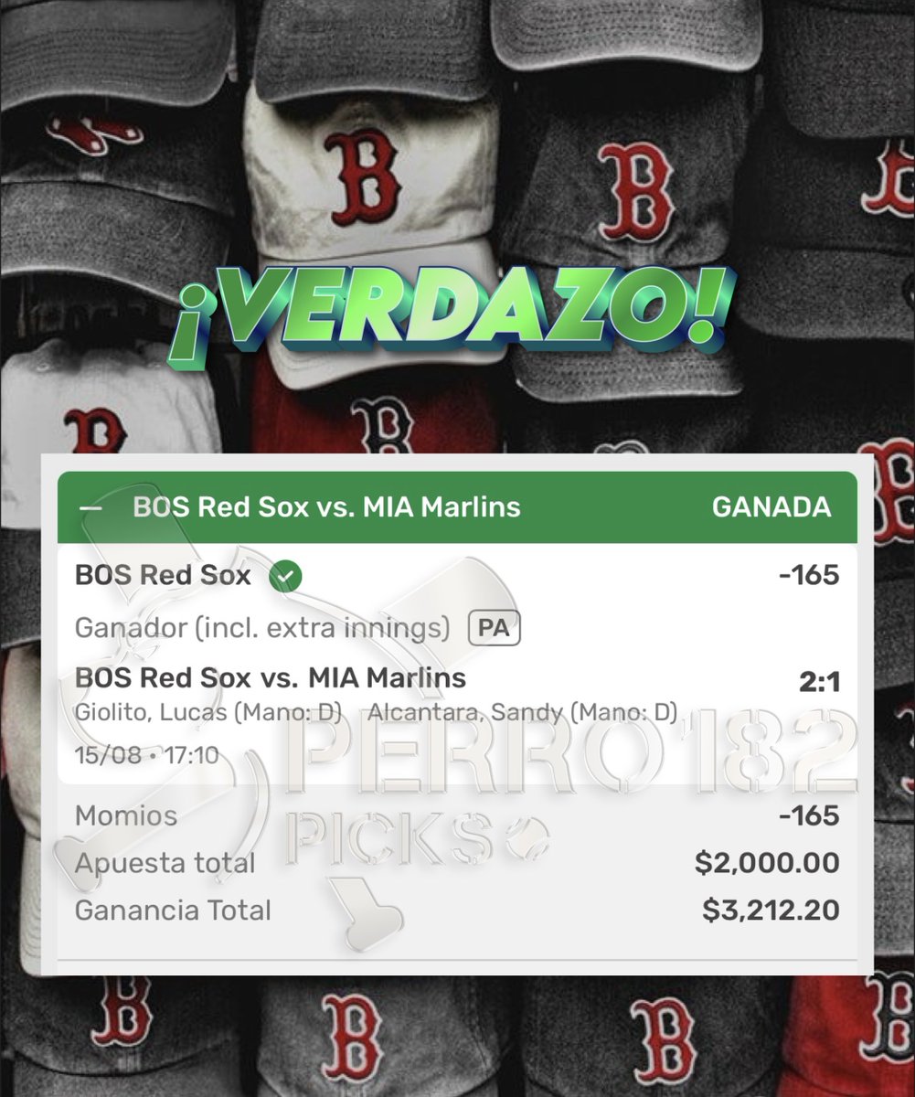 Perro182Picks's tweet photo. Otro día ganando en el grupo Premium.

Hoy tocó ganar con los @RedSox . https://t.co/wWdxxLBfun