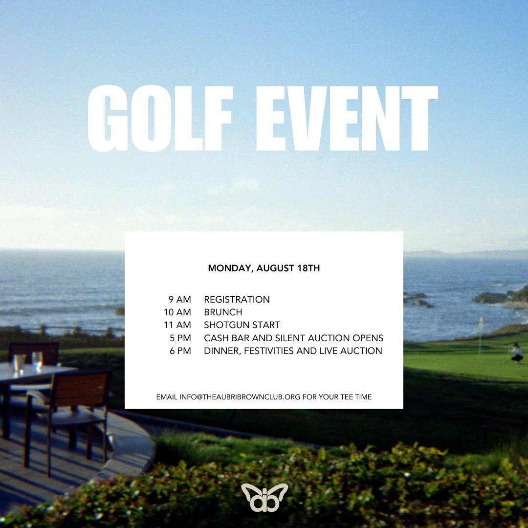 It’s HERE!!! 🏌️‍♂️🦋

The 16th Annual “It’s Not About The Golf” Tournament starts tomorrow at the Half Moon Bay Golf Links and Ritz-Carlton!

This is The Aubri Brown Club’s biggest fundraiser of the year and we couldn’t do it without all of you! You can find the daily itinerary