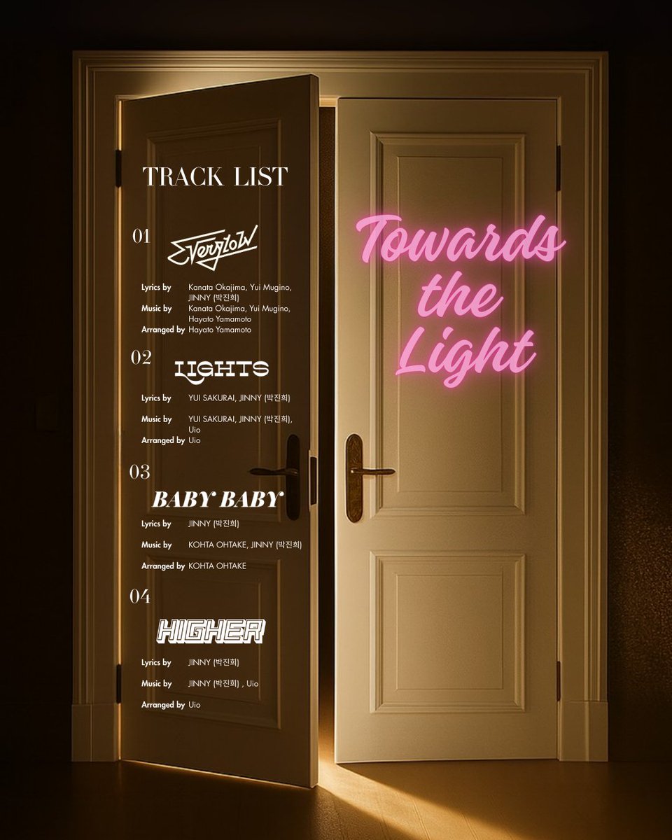 OneilyMusic's tweet photo. JINNY (former member of SECRET NUMBER) unveils the track list for her solo debut mini album ‘Towards the Light.’

1. Everglow
2. LIGHTS 
3. BABY BABY 
4. HIGHER https://t.co/LgF5utdbvk
