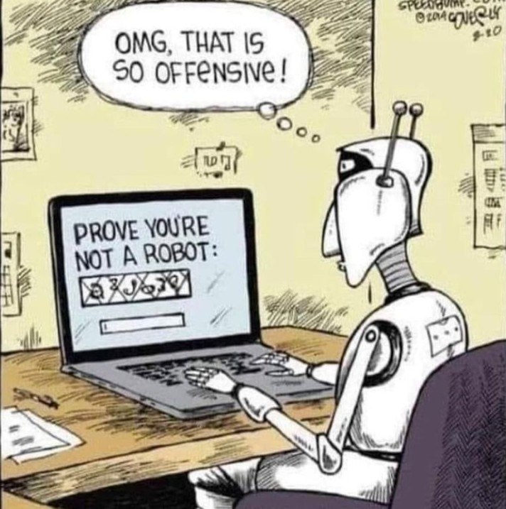think_elite's tweet photo. I genuinely can't stand those security checks to prove I'm not a robot, but this cartoon had me laughing out loud! https://t.co/q19HK8Py9q
