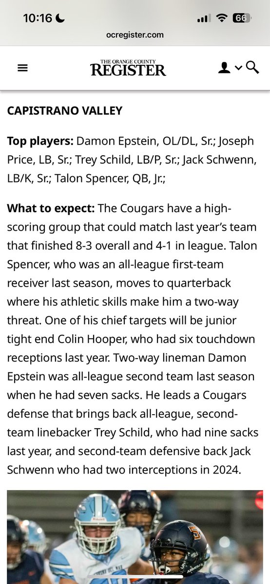 Talon Spencer (@talonspencer6) on Twitter photo Excited for the <a href="/capofootball/">Capo Valley Football</a> season to start and to compete with my <a href="/CapoValleyHS/">Capo Valley HS</a> teammates in a tough Delta League. Thanks for the league preview on <a href="/ocvarsity/">ocvarsity</a> 🐯🌴🏈
<a href="/DamonEpsteinn/">Damon Epstein</a> <a href="/treyschild/">Trey Schild</a> <a href="/Joseph_Price15/">Joseph Price</a>, <a href="/ColinHoop18/">Colin Hooper</a>, Jack Schwenn, and co.
<a href="/CoachSeanCurtis/">Coach Sean Curtis</a> <a href="/DanSelwayQB/">Dan Selway</a> Excited for the <a href="/capofootball/">Capo Valley Football</a> season to start and to compete with my <a href="/CapoValleyHS/">Capo Valley HS</a> teammates in a tough Delta League. Thanks for the league preview on <a href="/ocvarsity/">ocvarsity</a> 🐯🌴🏈
<a href="/DamonEpsteinn/">Damon Epstein</a> <a href="/treyschild/">Trey Schild</a> <a href="/Joseph_Price15/">Joseph Price</a>, <a href="/ColinHoop18/">Colin Hooper</a>, Jack Schwenn, and co.
<a href="/CoachSeanCurtis/">Coach Sean Curtis</a> <a href="/DanSelwayQB/">Dan Selway</a>