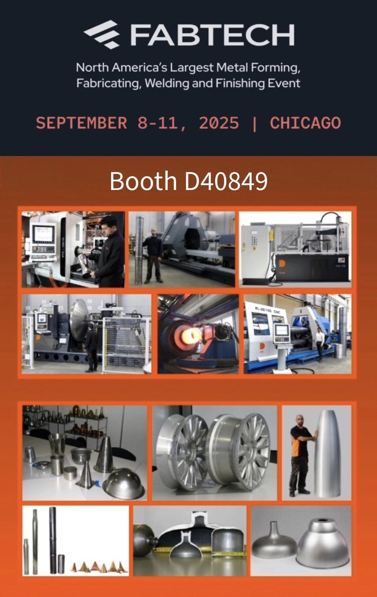 GlobalMetalSpin's tweet image. Visit DENN-Global Metal Spinning Solutions at FABTECH 2025, Chicago, September 8–11, booth D40849. Explore how our advanced metal spinning, flow forming, and rotary forging machinery technologies can help you achieve exceptional results.
#metalspinning #flowforming #machinery