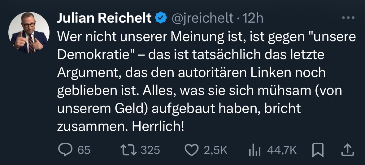 Reichelt und die AfD mokieren sich, wenn Demokraten von „unserer Demokratie“ sprechen. Von welcher denn sonst? Gemeint ist die Demokratie des GG. Die ist wehrhaft. Und Demokraten identifizieren sich mit ihr.