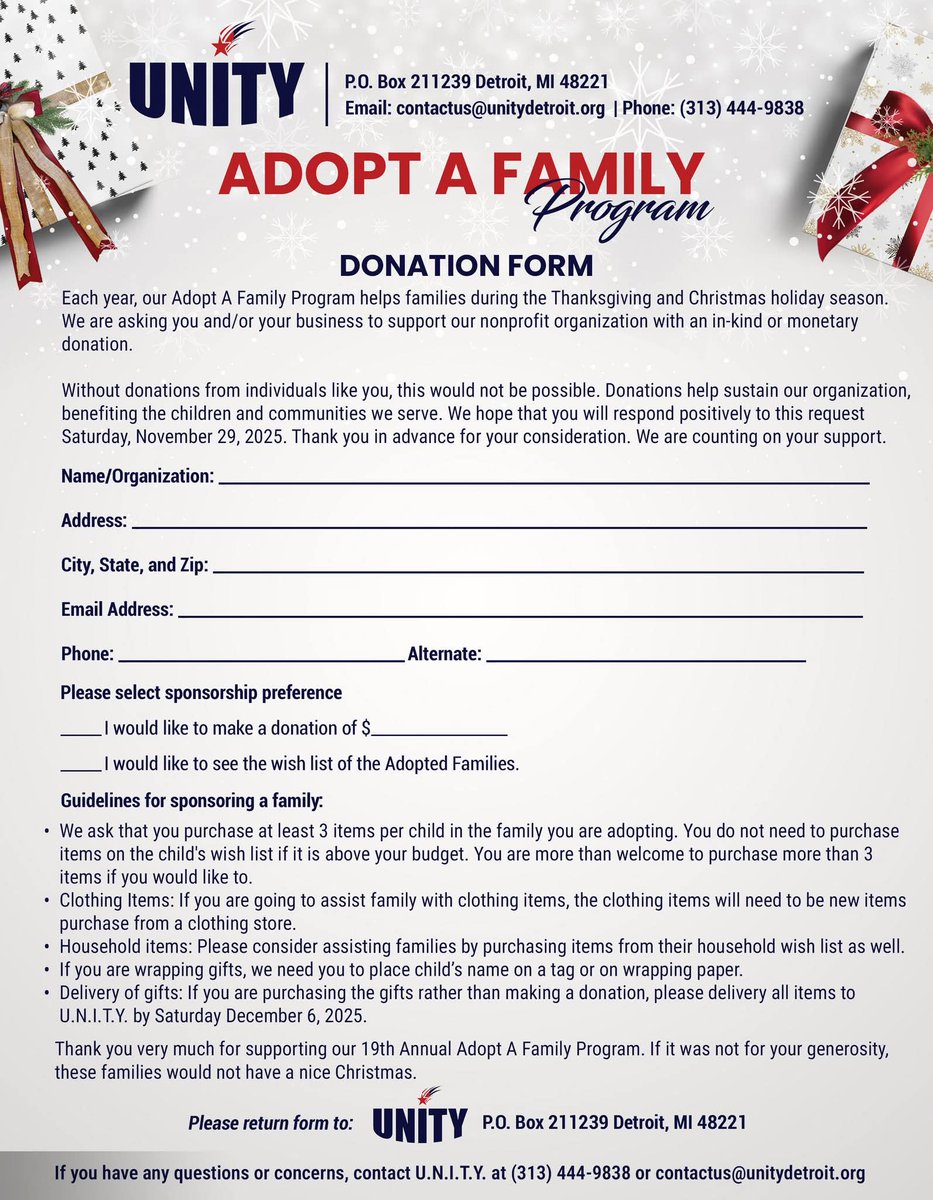 unitydetroit05's tweet photo. U.N.I.T.Y.'s goal this year is try and help at least 20 families. Who wants to adopt a family or child this year? Send us an email at contactus@unitydetroit.org. Thank you in advance. https://t.co/I5D5VDPRuS