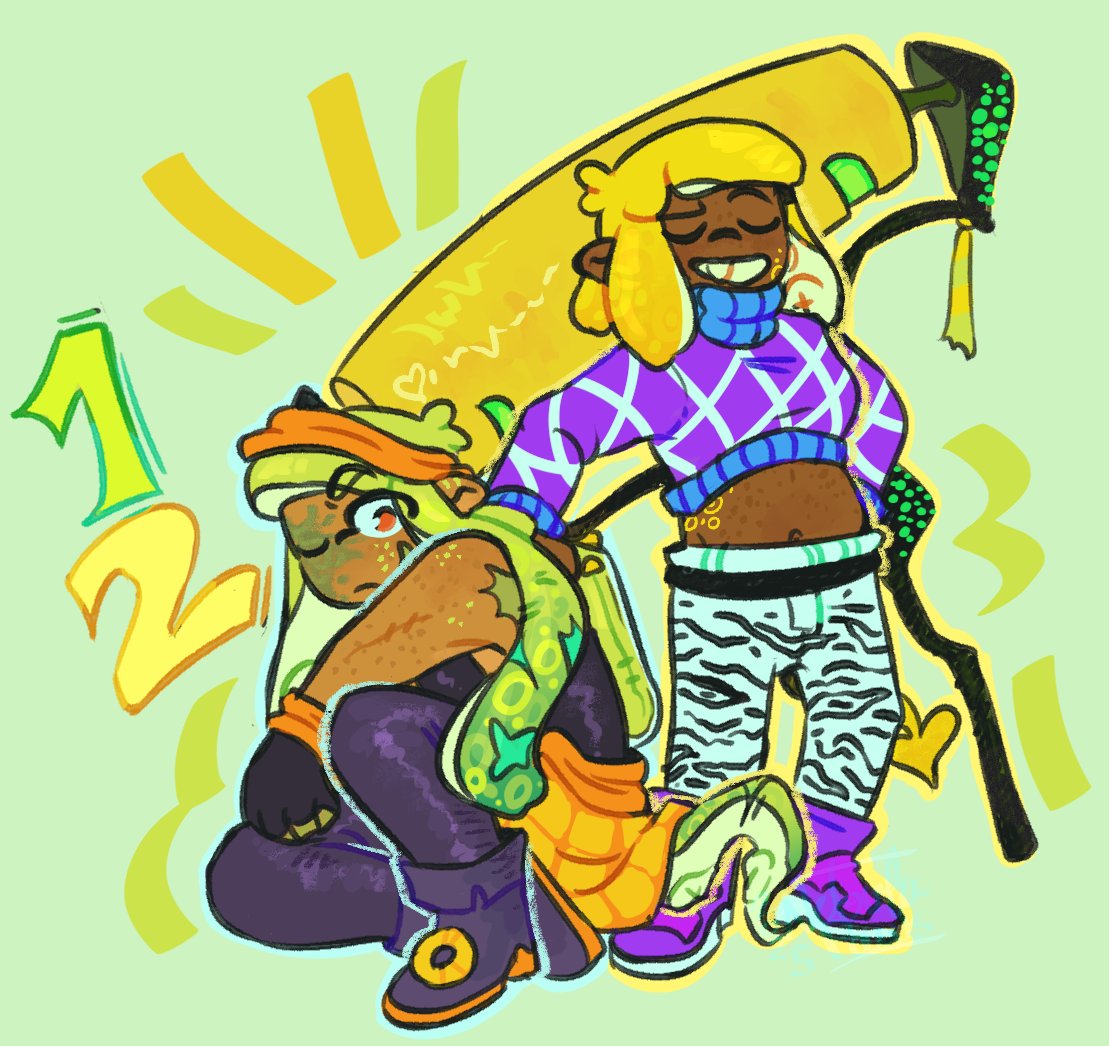 Nebulapawws's tweet photo. I'm trying a new art programme, and ofc the first thing I draw is sorta the peak of autism for me. Here's Three and Four in Narancia and Mista's outfits respectively!

#Agent12 #Splatoon https://t.co/2TUWA5fIRJ
