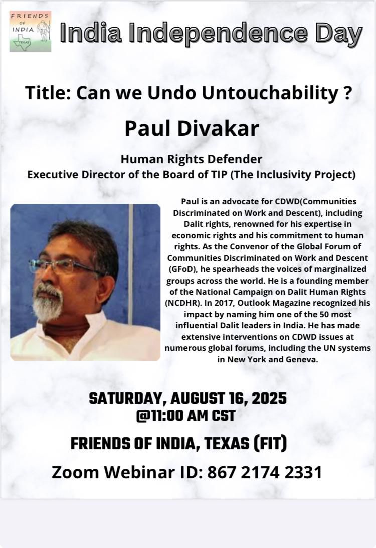 CastoutSlavery's tweet photo. Join us this #IndependenceDay of #India 🇮🇳 for a special talk by our Global Convener @PaulDivakarN - “Can we undo Untouchability?” ✊🏽
Hosted by @texas_friends
🗓️ 16 Aug | 11 AM CST | 9:30 PM IST | 4 PM GMT
Click here to join:
https://t.co/xvV0VBUXlY

@AIMUSA_Info #CDWD #Descent https://t.co/MDAMUWVIWP