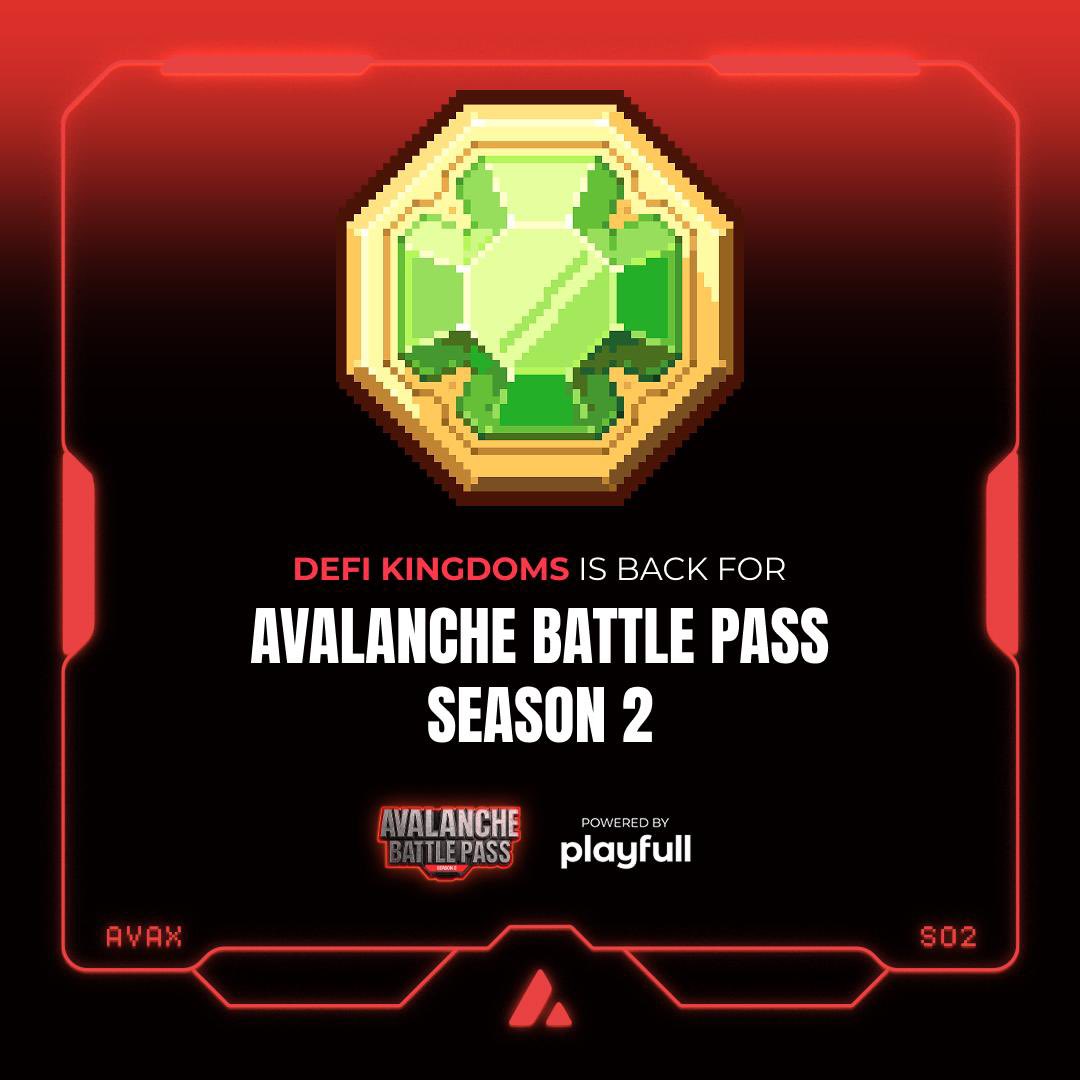 Stoked to be returning for an action packed AVALANCHE BATTLE PASS SEASON 2!

Don’t miss out on all these opportunities to play the fantastic games on <a href="/GamingOnAvax/">Avalanche Gaming 🔺</a> and win prizes while you’re doing it!

Make sure to complete your DeFi Kingdoms missions!