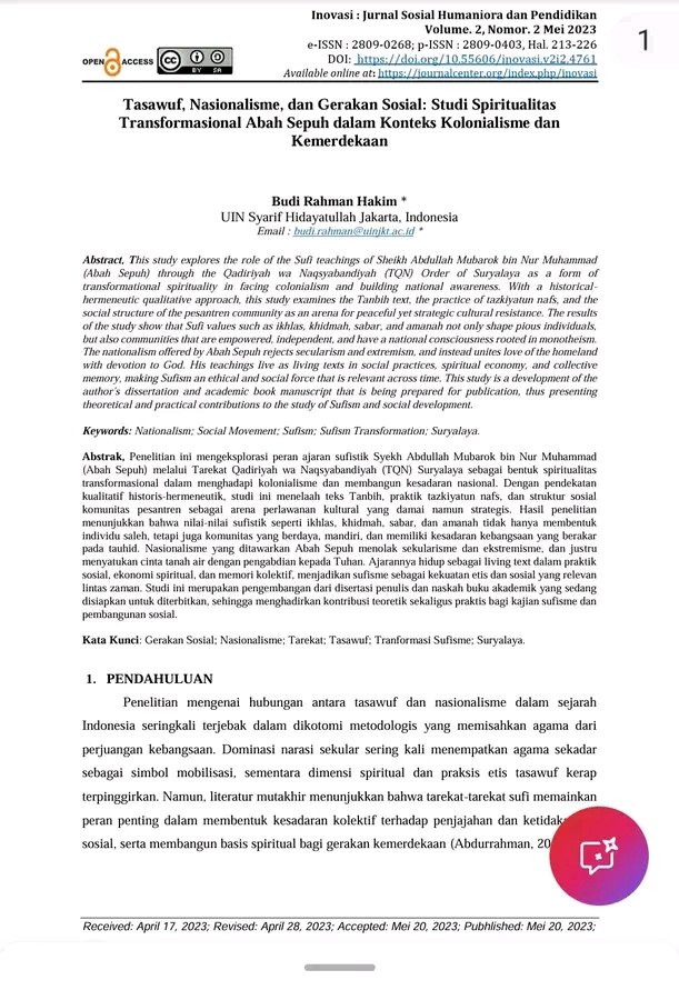 Assalaamu 'alikum wwbrkth.
Tulisan ringan tentang Syeikh Abdulloh Mubarok bin Nur Muhammad (Abah Sepuh). Ini link-nya:
journalcenter.org/index.php/inov…