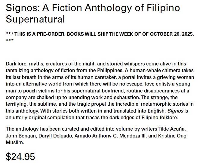 Kristine Ong Muslim (@kristinemuslim) on Twitter photo Signos, the latest volume of Filipino fiction I edited/translated with <a href="/tildeclutter/">zerotonin</a>, <a href="/johnbengan/">John Bengan</a>, Daryll Delgado, and Arlo Mendoza, will be released in October by <a href="/radixcoop/">Radix Printing & Publishing Cooperative</a>
Art by Dennis Madamba
radix.coop/product/signos Signos, the latest volume of Filipino fiction I edited/translated with <a href="/tildeclutter/">zerotonin</a>, <a href="/johnbengan/">John Bengan</a>, Daryll Delgado, and Arlo Mendoza, will be released in October by <a href="/radixcoop/">Radix Printing & Publishing Cooperative</a>
Art by Dennis Madamba
radix.coop/product/signos