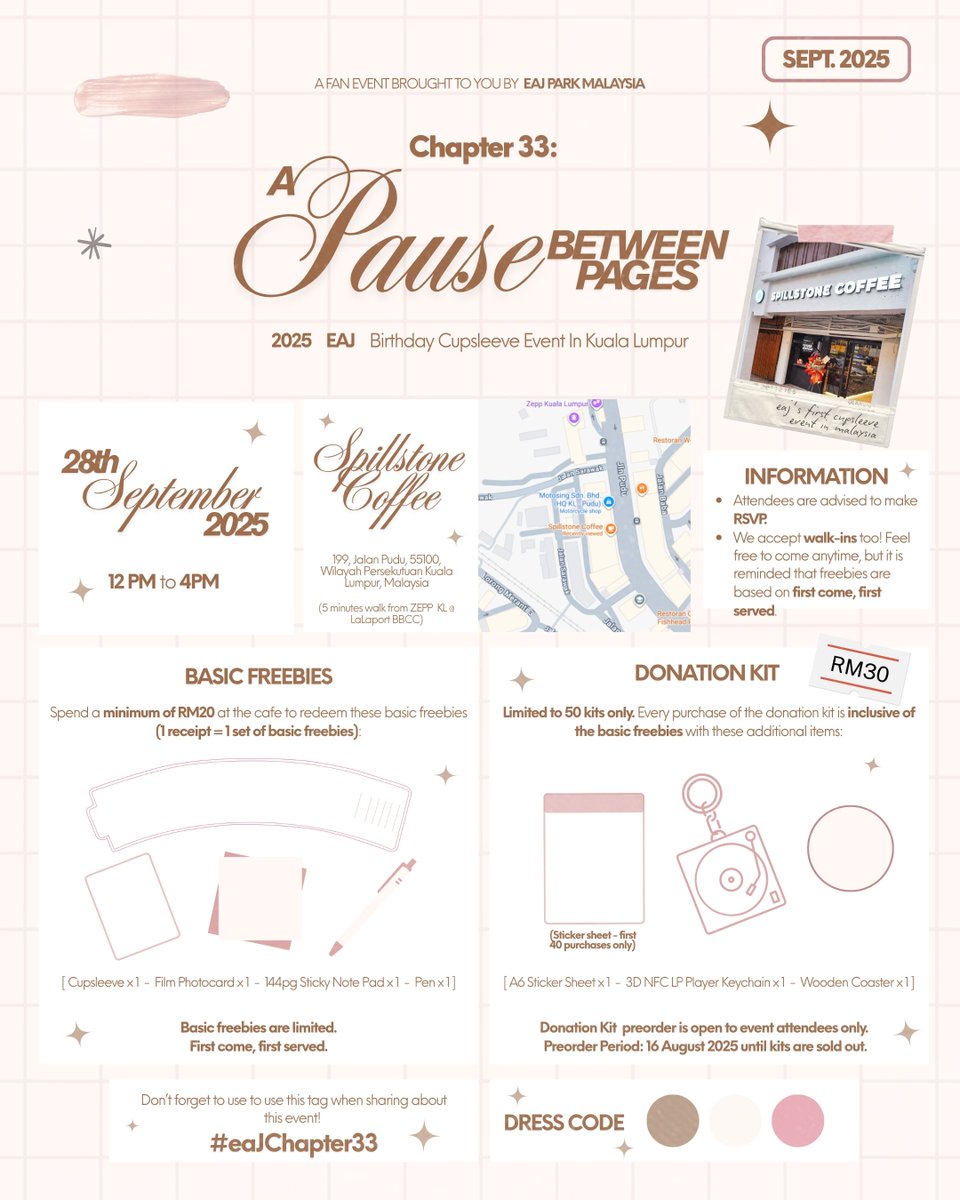 ⏸️ Chapter 33: A Pause Between Pages 📖

eaJ’s first cupsleeve event in Malaysia is happening! Let's celebrate together 🩷

📅 28 Sept 2025 | 🕛 12–4 PM
📍 Spillstone Coffee, KL

Attendees are advised to RSVP ✅
Walk-ins are welcome, but freebies are first come, first served! 🙏🏻