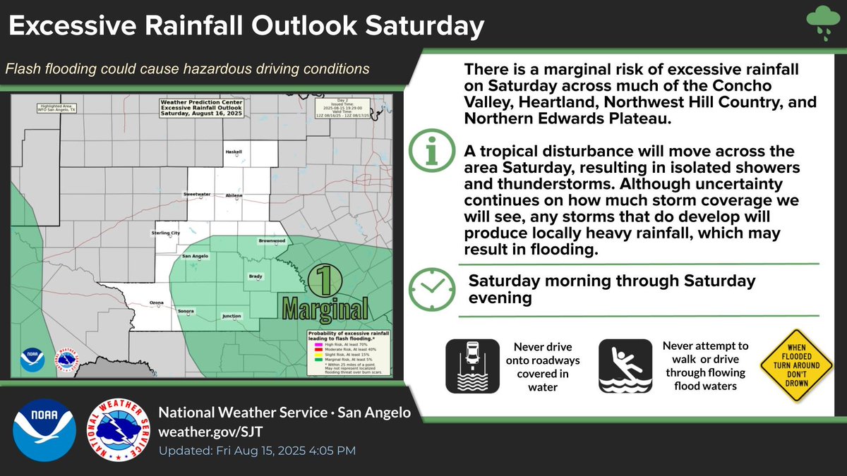 NWSSanAngelo's tweet photo. There is a marginal risk of excessive rainfall on Saturday across much of the Concho Valley, Heartland, Northwest Hill Country, and Northern Edwards Plateau.  Isolated showers and thunderstorms that do develop may produce locally heavy rainfall, which may result in flooding. https://t.co/44tOSFt2PE