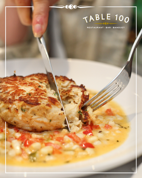 Make your weekend unforgettable with our pan-roasted Jumbo Lump Crab Cake over sweet corn &amp; red pepper maque choux, finished with lemon tarragon beurre blanc.