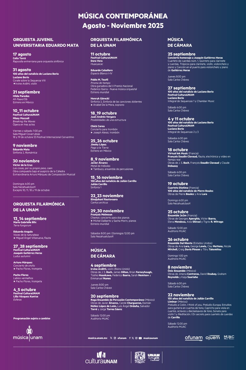 Compartimos la cartelera del segundo semestre de nuestra programación permanente de Música Contemporánea. ¡Te esperamos!

Agosto - Noviembre 2025
Cartel en alta resolución: musica.unam.mx/uploads/files/…

#MúsicaUNAM #CulturaUNAM