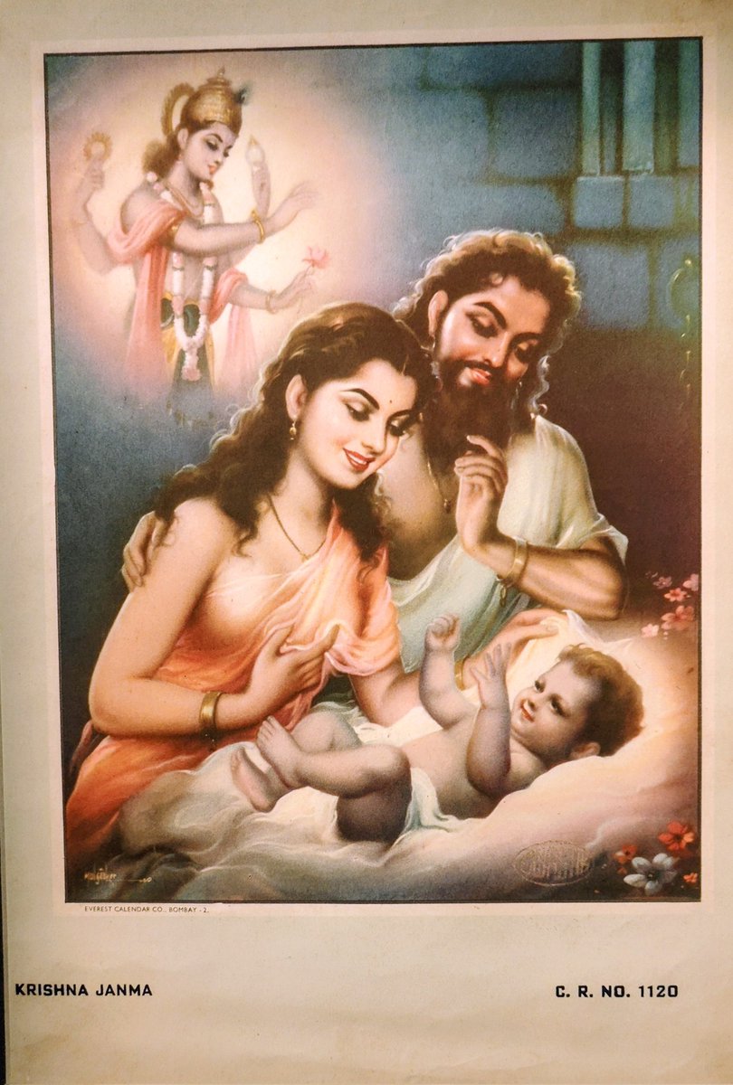 katyalnikhil's tweet image. MULGAONKAR
Krishna Janma
c. 1950s
#OffsetPrint on Paper
The advent of printing technology changed the visual landscape of the Indian subcontinent. While the theme draws from the life of #Krishna, the figures &amp;amp; colours used indicates the impact of Western #art.
Ashvita’s, Chennai