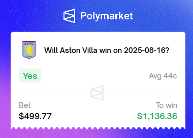 Aston Villa - Newcastle.  I placed a bet of $500 on Aston Villa today. I hope for an easy win
<a href="/Polymarket/">Polymarket</a> <a href="/PolymarketSport/">Polymarket Sports</a> 
#EPL #AstonVilla #sportbet

Trade against me: polymarket.com/market/epl-ast…