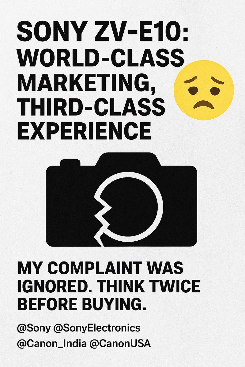 arav_donda's tweet photo. @sony_india Just bought the @Sony @SonyElectronics ZV-E10.
👉 World-class marketing.
👉 Third-class camera.
Complaint raised, but Sony won’t accept claims.
My advice: Skip Sony. Choose @Canon_India @CanonUSA. https://t.co/BERiZbzLrX