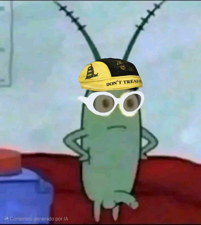 AI-generated meme featuring Plankton with a Don't Tread on Me hat representing $ALON token