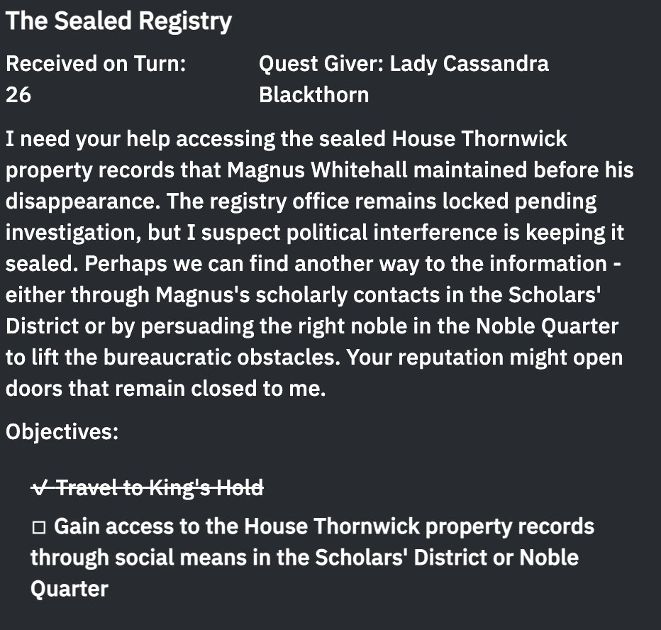 Guys AI dynamic quests in our new game engine is finally working so well. THIS IS GOING TO BE SO COOL

It's taken us like 5 iterations to get it really fun. I'm so excited.