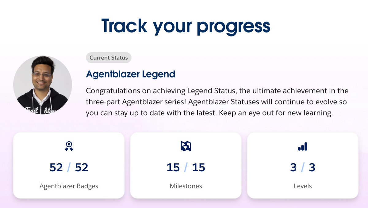 I’m super excited to share that I have officially earned the "Agentblazer Legend" status😇

If you’re interested in becoming an Agentblazer too, start your journey here  - trailhead.salesforce.com/agentblazer

 #TrailblazerCommunity #MarketingChampions #MomentMarketers