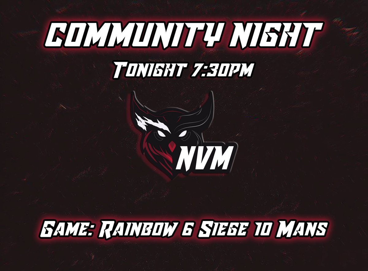 🎮 COMMUNITY NIGHT 🎮
We’re running Siege 10 Mans tonight @ 7:30PM AEST!
Come hang with us 🔥

➡️ Join here: discord.gg/NKrv7vPbdu 

#RainbowSixSiege #NevermindTheGrind #CommunityNight #NVMEsports