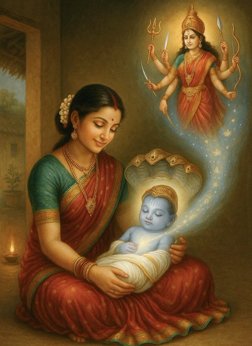 The image depicts a serene, hand-crafted painting of a woman in a red and green sari, identified as Yashoda, tenderly holding baby Krishna, who has blue skin and is wrapped in cloth, emerging from a divine light under a cobra's hood, symbolizing his divine birth. In the background, a radiant figure of Goddess Durga with multiple arms and weapons appears, representing Devi Yogmaya, as mentioned in the post text for Krishna Janmashtami on August 16, 2025. The setting is a warm, traditional Indian home with a lit lamp and rustic decor, evoking devotion and festivity. No platform watermarks are present, and the composition highlights the spiritual significance of the birth of Krishna and Yogmaya, aligning with the post’s call for mantra chanting and meditation on this Maharatri.
