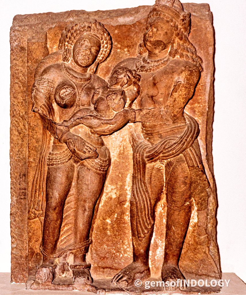 Devaki and Vasudev cradling the young Krishna before entrusting him to Nanda and Yashoda, who brought him up in Vrindavan,

Heavily damaged Sculpture dates 500 CE from Deogarh, Uttar Pradesh
#Archaeology #Janmashtami