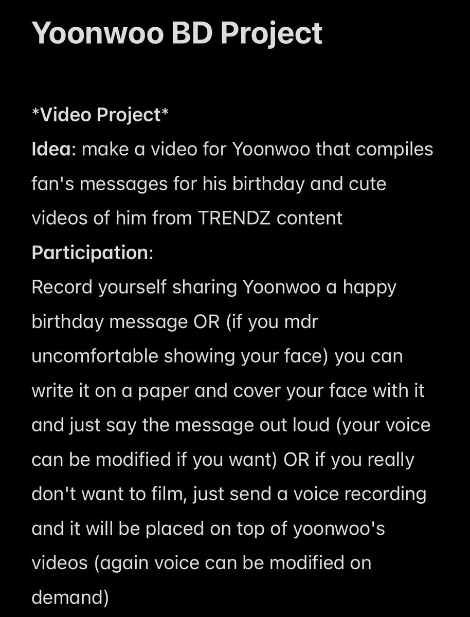 YoonKnight0828's tweet photo. 🔔YOONWOO BD PROJECT🔔
*Announcement*
As mentionned before, I wish to make a special project for our birthday boy, everything is explained in the pictures bellow.
If you have any question feel free to comment or DM me.
🔈TIME LIMIT [to send files] : until August 25 https://t.co/C1Mc1dcyOQ