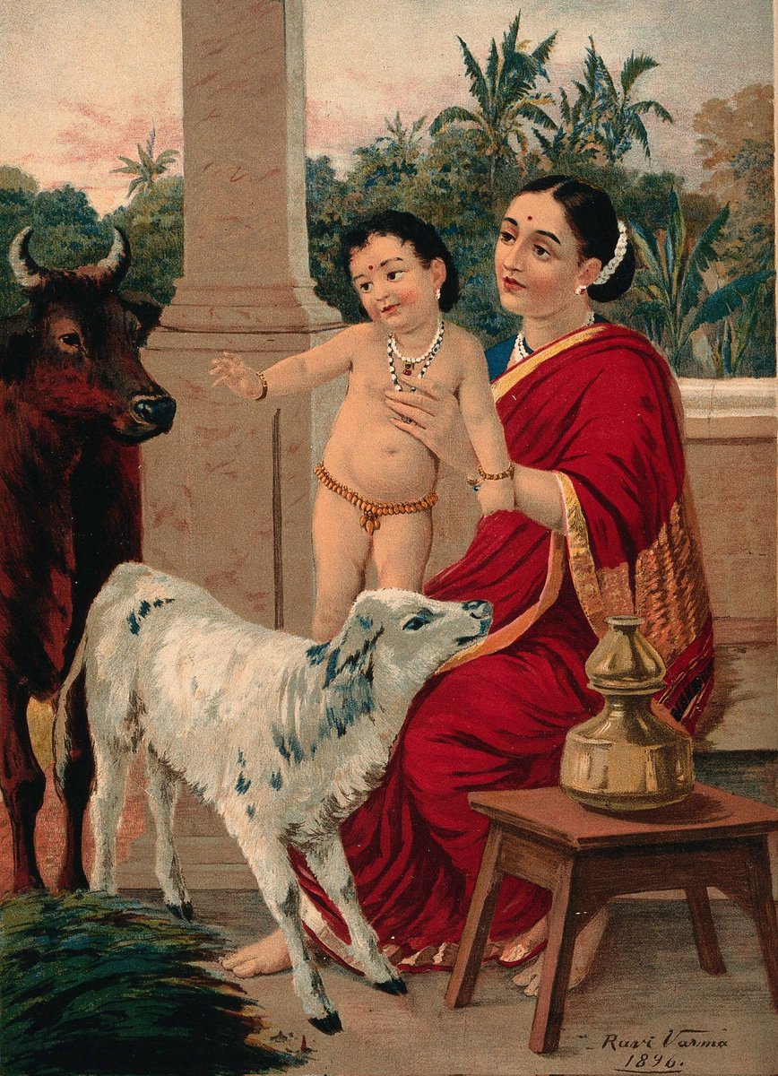 Krishnakrida – The Eternal Play

This Janmashtami, we look back at Raja Ravi Varma’s 1896 painting Krishnakrida, a beautiful scene of Krishna’s childhood and a mother’s love.

Here, Bal Krishna sits on Maa Yashoda’s lap, reaching out playfully to a calf while a cow stands close