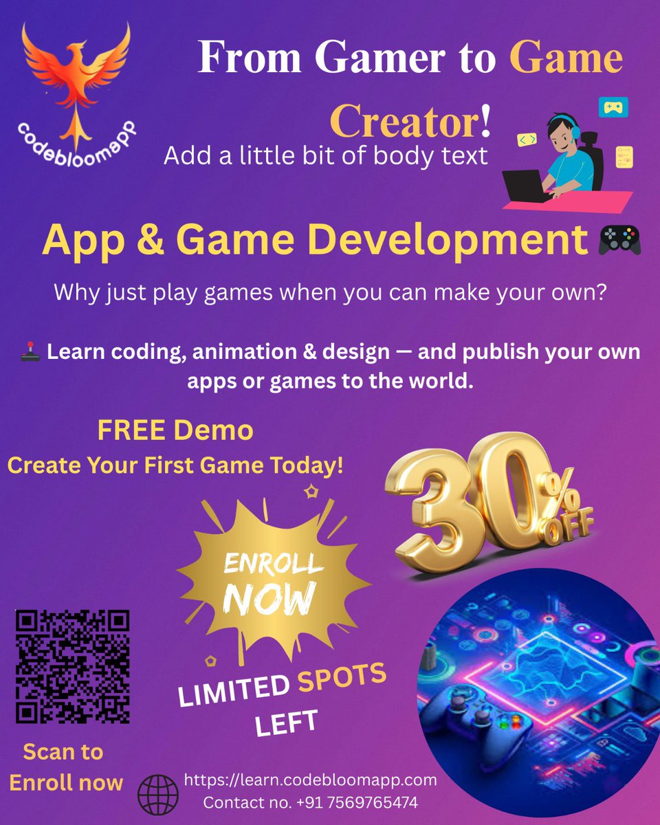codebloomapp's tweet image. ✨ Enroll Today & Get a Free Demo!
✨🎮 Don’t Just Play—Build Games! 🚀 Unlock Your Potential with CodeBloomapp and Create Your First App or Game Now!
learn.codebloomapp.com
#GameDev #AppDevelopment #CodeBloomApp #LearnToCode #FutureGameDeveloper #CreateYourGame #CodingForKids