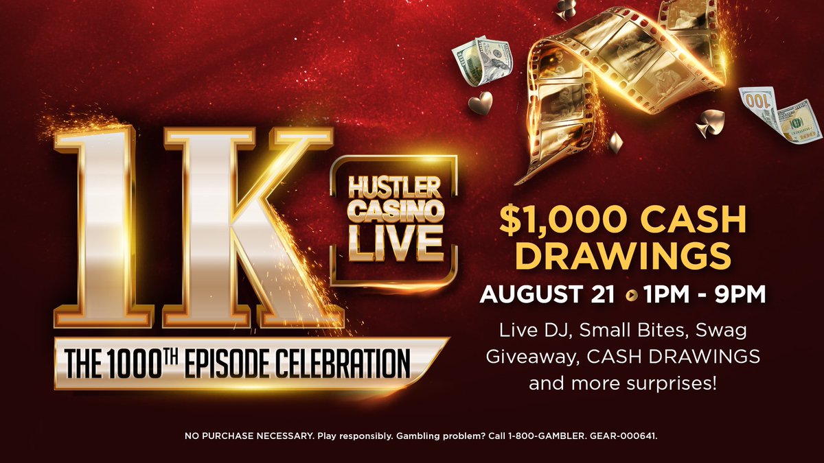Next Thursday, August 21 is a special day for <a href="/HCLPokerShow/">Hustler Casino Live</a> 

Our 1,000th show!! 🎉 

To celebrate our 1,000th show, it will be a party all day at <a href="/HUSTLERCASINOLA/">HUSTLER Casino</a> 

- $1,000 drawings every 2 hours
- Music by <a href="/DJWashburn_/">DJ Washburn</a> 
- Merch giveaways
- Appearances by legendary HCL players