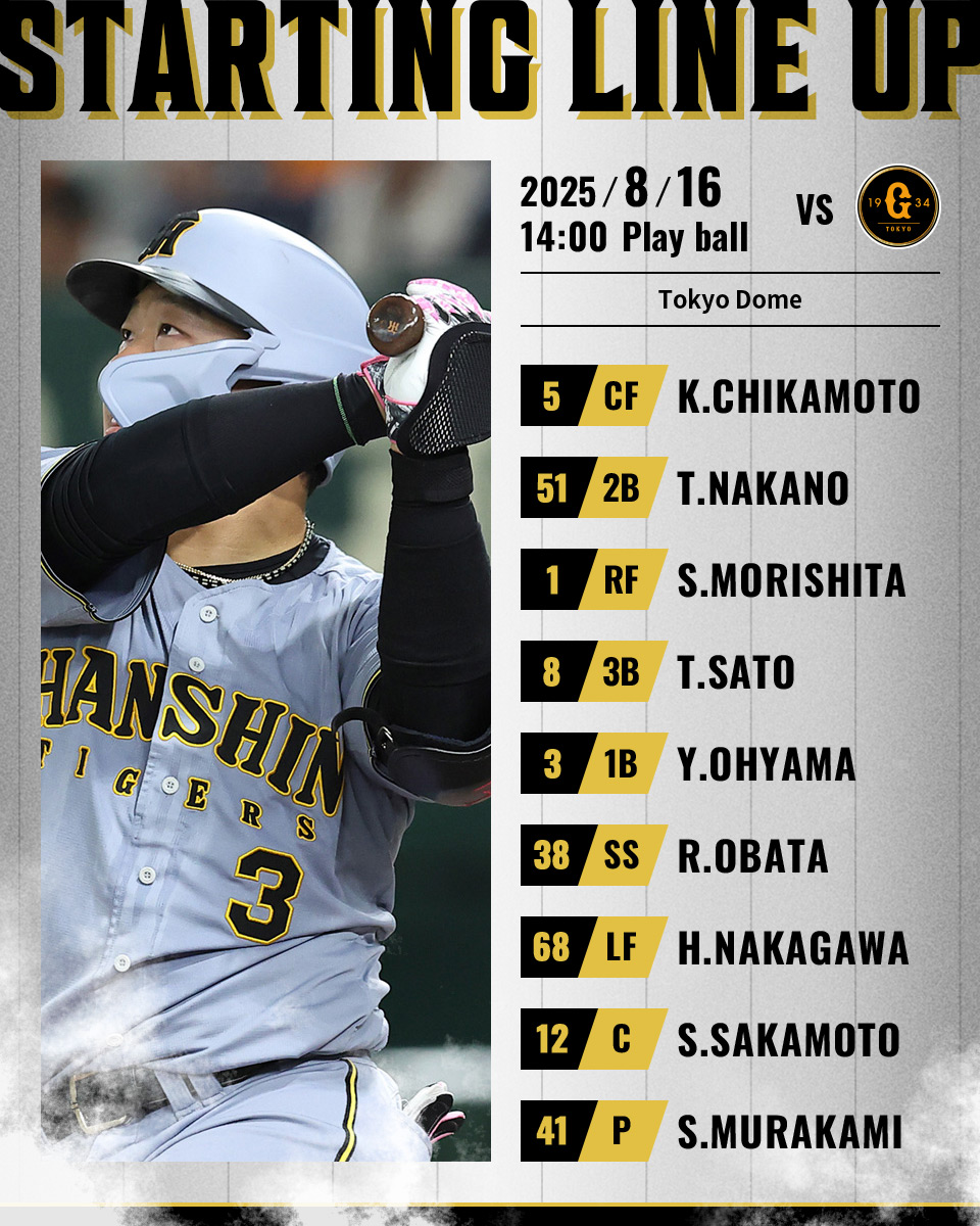 TigersDreamlink's tweet photo. 【8月16日 G-T 公式戦】
本日のスタメン発表！
関西弁応援実況は公式モバイルサイトで！
https://t.co/YktP4xrdzG
#阪神タイガース
#鼓動を鳴らせ_虎道を進め https://t.co/xYaPBSF7VF