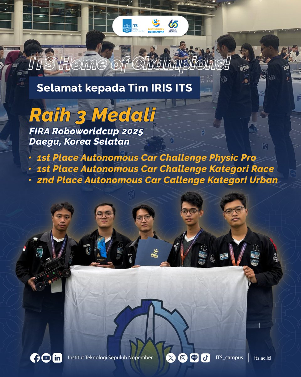 its_campus's tweet photo. #ITSProud
Prestasi luar biasa kembali ditorehkan Tim IRIS dari Institut Teknologi Sepuluh Nopember (ITS)! Tim kebanggaan ITS ini berhasil membawa pulang 3 medali sekaligus dari ajang FIRA Roboworldcup 2025 di Daegu, Korea Selatan. https://t.co/ty59QCXPAK