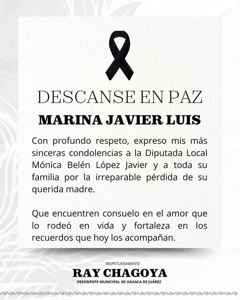 Ray Chagoya (@raychagoya) on Twitter photo Mi más sentido pésame a la diputada Mónica Belén López Javier (<a href="/monicabelopez/">Mónica Belén López Javier</a>) por la irreparable pérdida de su madre, la señora Marina Javier Luis.
Que encuentre fortaleza en este difícil momento. Descanse en paz. Mi más sentido pésame a la diputada Mónica Belén López Javier (<a href="/monicabelopez/">Mónica Belén López Javier</a>) por la irreparable pérdida de su madre, la señora Marina Javier Luis.
Que encuentre fortaleza en este difícil momento. Descanse en paz.