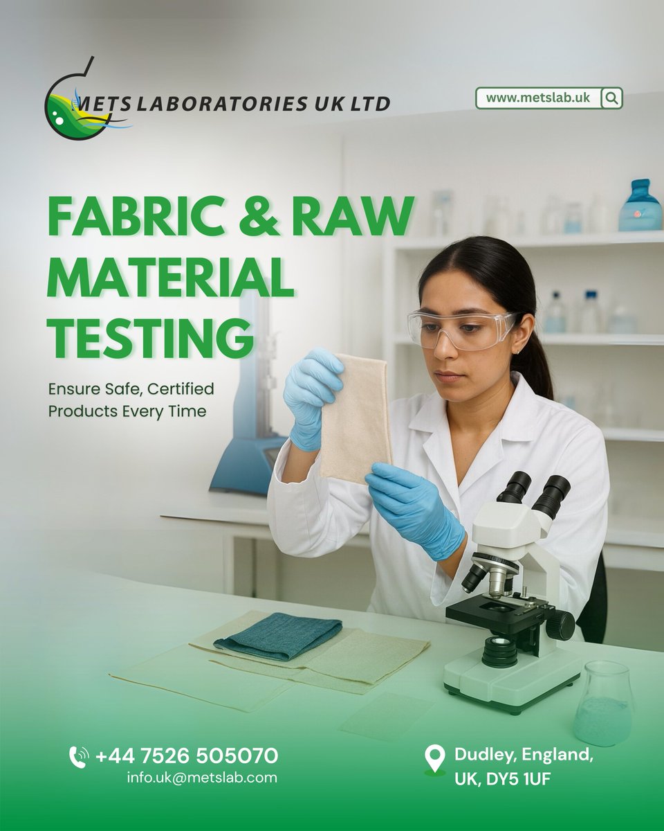 Metslabuk's tweet image. Mets Laboratories UK Ltd helps industries meet international standards with advanced textile &amp;amp; raw material testing services. 🔬

📞 Call us today: +44 7526 505070
📩 info@metslab.com | 🌐 metslab.uk
#fabrictesting #rawmaterialtesting #textilequality #metslabuk