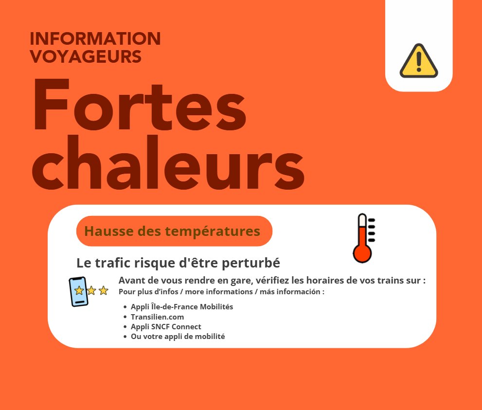 ⚠️ Fortes chaleurs

Pensez à vous hydrater avant votre arrivée en gare et emportez de l'eau pour votre trajet. Retrouvez les points d’eau potable ici 👉 ow.ly/CNA92000jXf

Restez attentifs envers les autres voyageurs et n'hésitez pas à solliciter les agents.