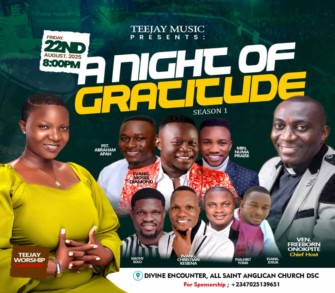 MathySoloMSGCN's tweet image. ✨ It’s finally here! ✨
Join us for A Night of Gratitude – Season 1 🎶
📅 Friday, 22nd August 2025
🕗 8:00PM
📍 Divine Encounter, All Saint Anglican Church DSC

Let’s lift our voices together in praise and thanksgiving! 🙌🎤
#ANightOfGratitude #TeejayMusic #MSGCN⭐ #LiveMusic