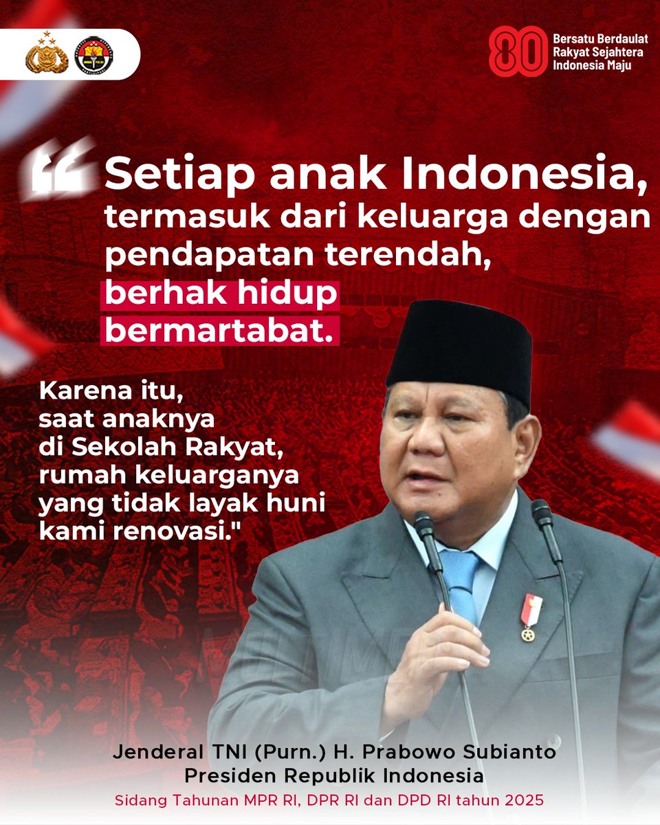 Poldakaltim's tweet photo. Presiden Republik Indonesia, Jenderal TNI (Purn.) H. Prabowo Subianto menekankan bahwa pendidikan adalah hal yang terpenting bagi anak-anak Indonesia. 
#80TahunIndonesia
Bersatu Wujudkan Kemajuan https://t.co/qw2Brac1Xd