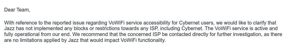 The <a href="/PTAofficialpk/">PTA</a> on the Citizen Portal is once again responding with incompetence. Below is their reply to my complaint against Stormfiber/Cybernet regarding VoWiFi blocking.