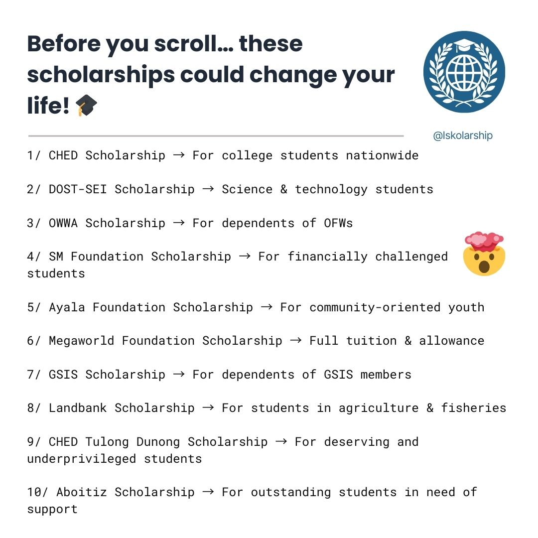 Iskolarship's tweet photo. 🚨 Stop scrolling! You might study in the Philippines for FREE 🎓

Here are the Top 10 Scholarships in 2025 that can change your life👇

#Scholarships #Iskolar #Iskolarship #CHEDScholarship #OWWAScholarship #DOSTScholarship #students #collegestudents https://t.co/sra615Rv3y